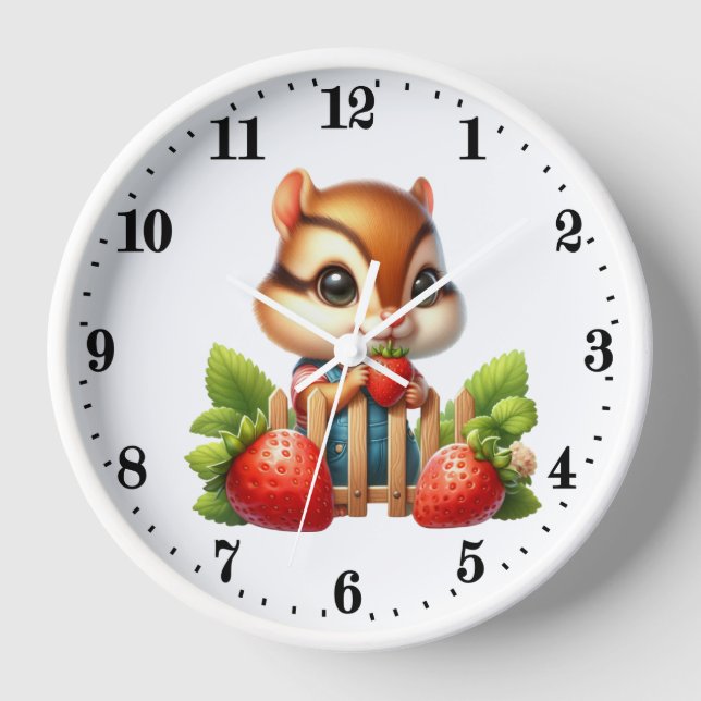 Horloge Amateurs de chipmunk à la fraise mignonne (Recto)