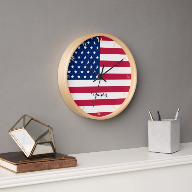 Horloge American USA Flag Patriotic Home Bureau Nom du déc (Bureau)