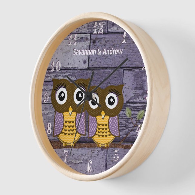 Horloge Amour Personnalisé de Hiboux en Bois Vieilli Aqua  (Angle)
