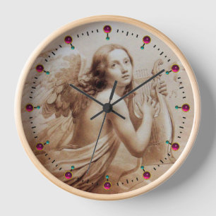 Horloge ANGE JOUE LA LYRE SUR LES NUAGES Sépia Marron