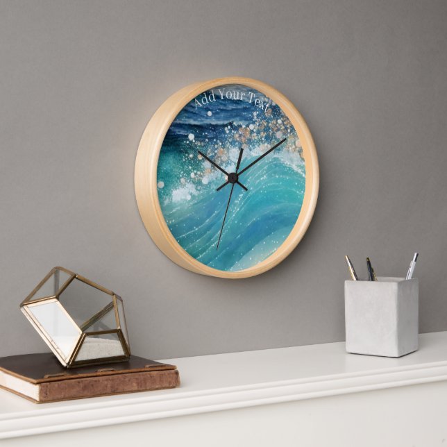 Horloge Aquarelle Bleu Blanc Océan Vague Personnalisée Nom (Bureau)