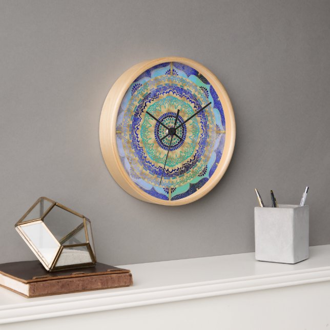 Horloge Aquarelle bleu or Mandala (Bureau)