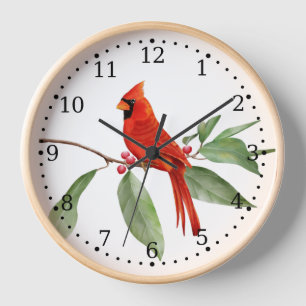 Horloge Aquarelle Bleu Vert Rouge Cardinal Bird