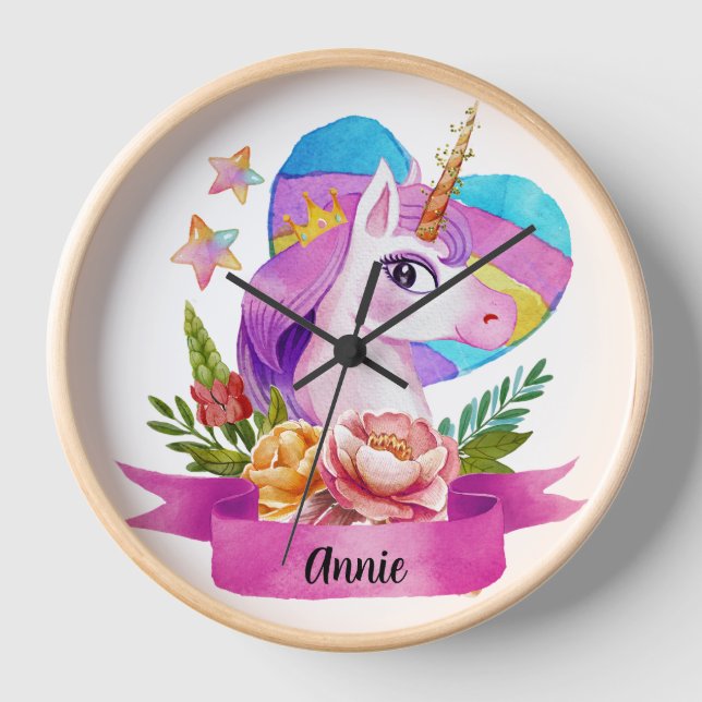 Horloge Aquarelle Cute Unicorn Coeur Nom personnalisé (Recto)