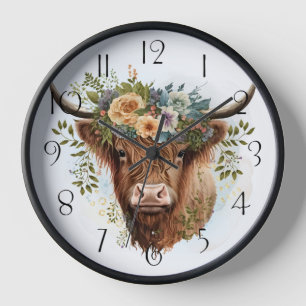 Horloge Aquarelle de vache à hautes terres florales