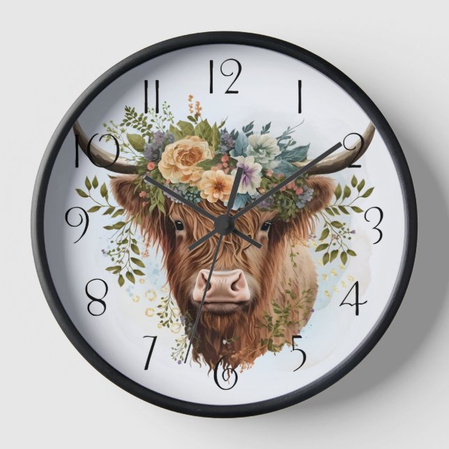 Horloge Aquarelle de vache à hautes terres florales (Recto)