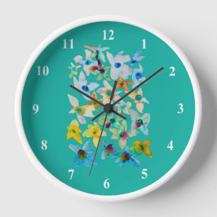 Horloge Aquarelle fleurs bleues blanches