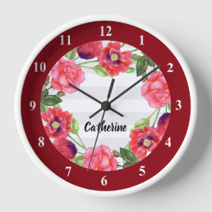 Horloge Aquarelle Fleurs rouges et roses Cercle de couronn