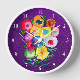 Horloge Aquarelle fleurs violettes fleuries florales