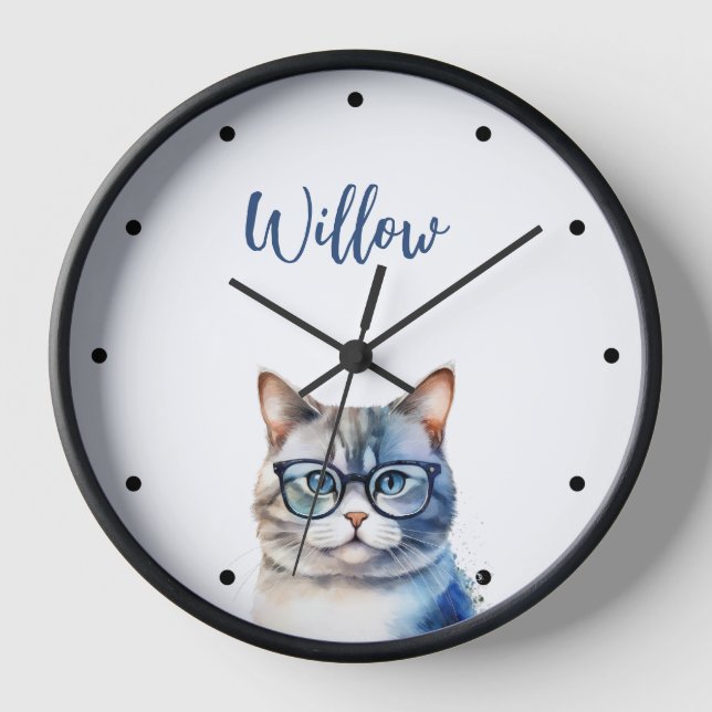 Horloge Aquarelle Gris Tabby Chat Personnalisé (Recto)