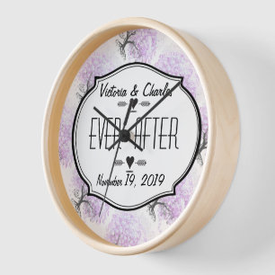 Horloge Arbre de lavande à feuilles en cœur Mariage oiseau