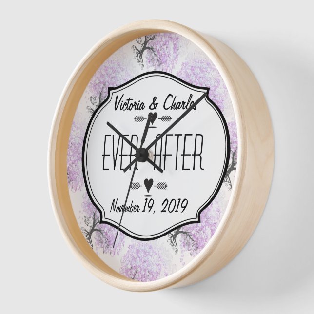 Horloge Arbre de lavande à feuilles en cœur Mariage oiseau (Angle)