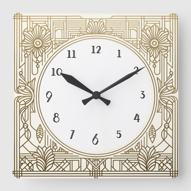 Horloge Art Déco carré en Crème Blanc et Or (Recto)