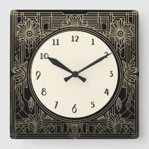 Horloge Art déco carré en or noir et beige