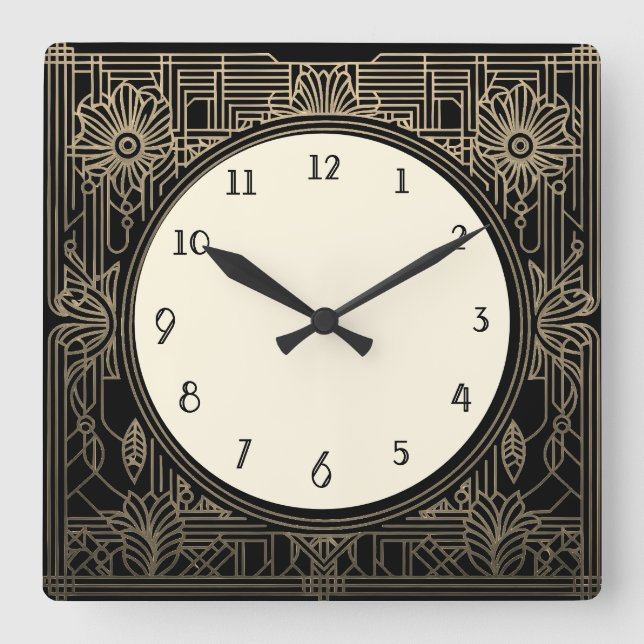 Horloge Art déco carré en or noir et beige (Recto)