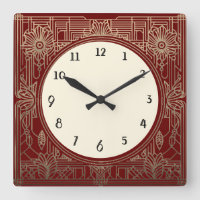 Horloge Art déco carré en rouge foncé et or