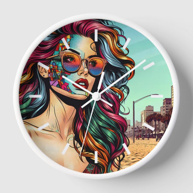 Horloge Art fracturé | Femme Abstraite à la plage (Recto)