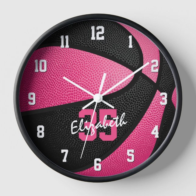 Horloge basket-ball personnalisé rose girly (Recto)