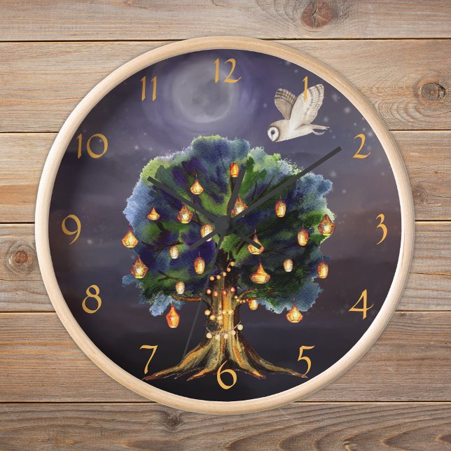Horloge Beau arbre avec lanternes, lune et hibou (Créateur téléchargé)