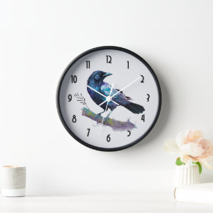 Horloge Beau Corbeau sur une branche d'arbre