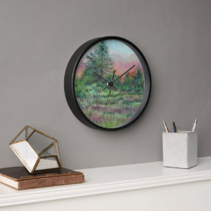 Horloge Beau paysage Art Arbres Ciel rose