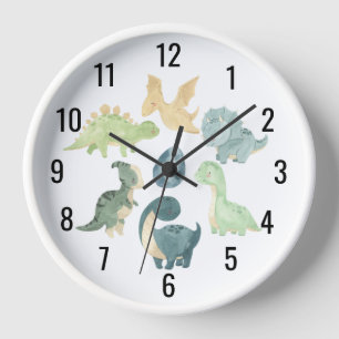 Horloge Bébé mignon Dinosaure Aquarelle Noir