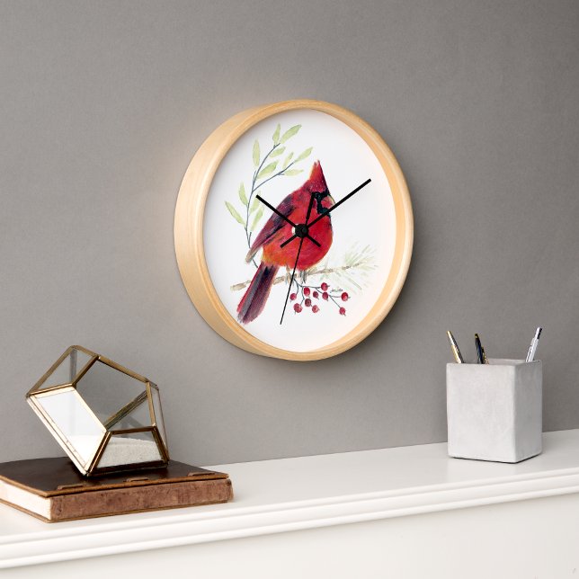 Horloge Belle Aquarelle Cardinale Rouge Décor Mur (Beautiful Red Cardinal Watercolor Wall Décor Clock from Jenn's Emporium. )