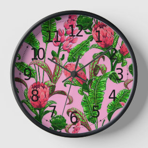 Horloge Belles feuilles vertes tropicales avec fleurs roug
