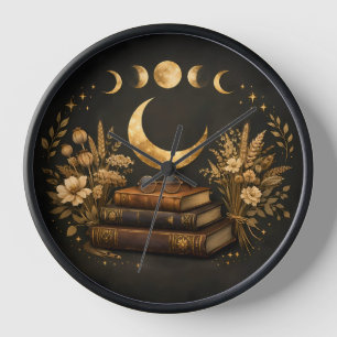Horloge Bibliothèque Mystique Dorée & Art Botanique Boho d