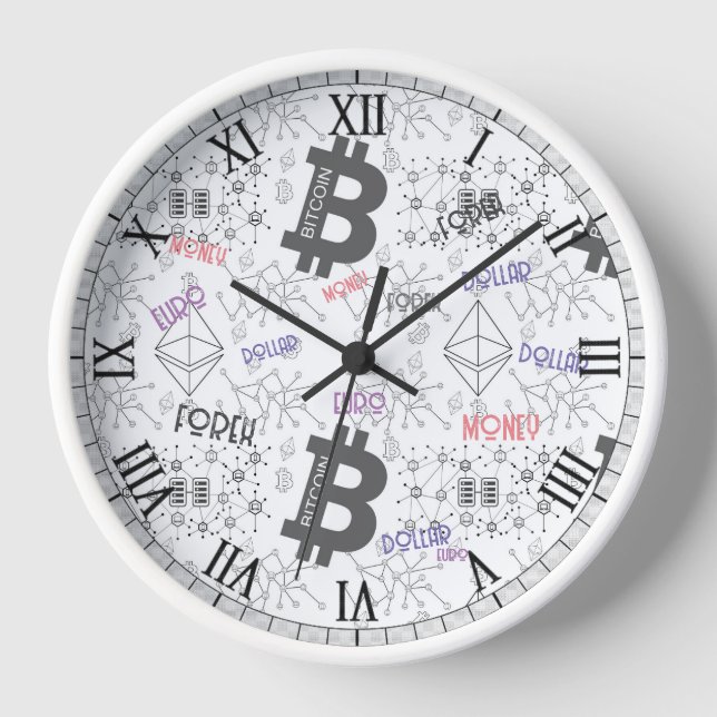 Horloge Bitcoin argent blanc gris rouge design complexe (Recto)