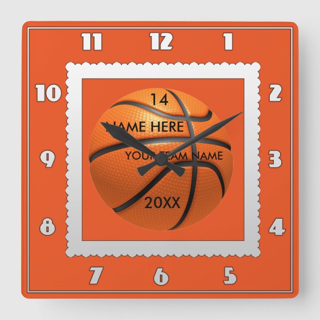 Horloge blanche et orange du basket-ball avec Nom  (Recto)