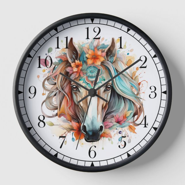 Horloge Boho Tribal Aquarelle Cheval Élégant Chic (Recto)