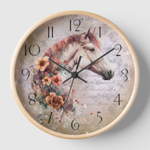 Horloge Boho Watercolor Floral Horse