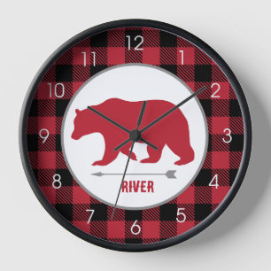 Horloge Bois d'ours rustique Buffalo carreau rouge et gris