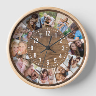 Horloge Bois rustique Personnalisé 12 Photo Collage
