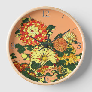 Horloge Bordure de fleurs japonaises, mandarine et or