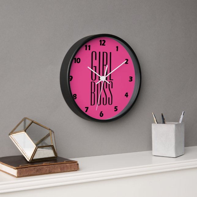 Horloge Boss Fille Personnalisée Noir Rose Chaud 10" Mur (Bureau)