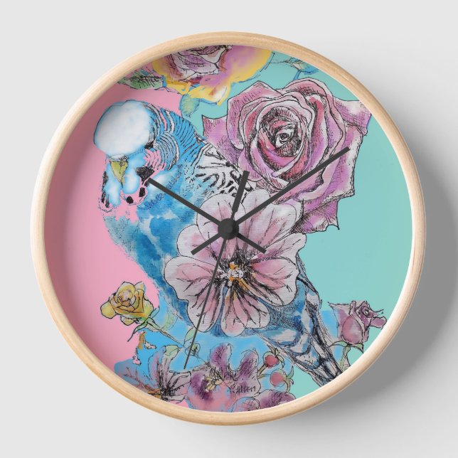 Horloge Boucle à clé fleurie Rose Budgie Budgies bleu (Recto)