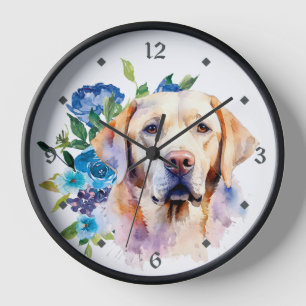 Horloge Bouquet floral bleu Jaune Labrador Retriever Chien