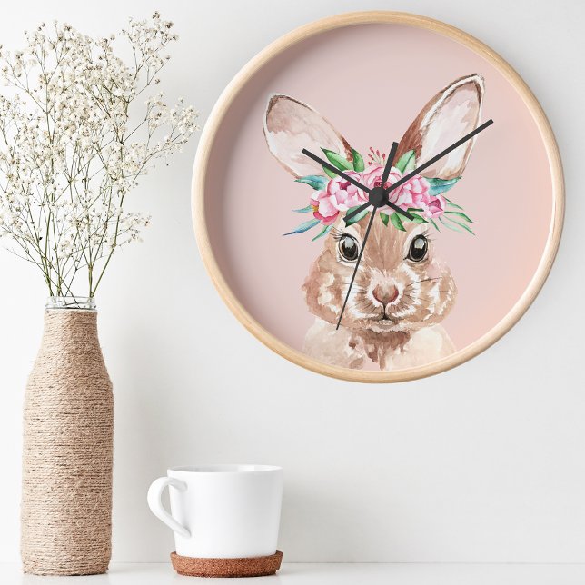 Horloge Bunny D'Aquarelle Rose Pastel Moderne Avec Fleurs (Créateur téléchargé)