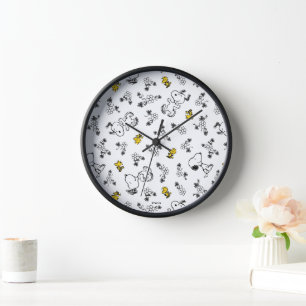 Horloge cacahuètes Snoopy & Woodstock B&W Flower Motif