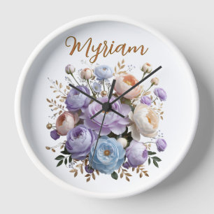 Horloge Cadran en Bois Blanc à Monogramme Or et Pivoine Él