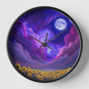 Horloge Cadran mural ciel tournesol éclairé par la lune