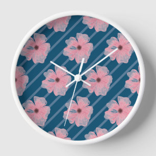 Horloge Cadran mural Fleurs roses et rayures