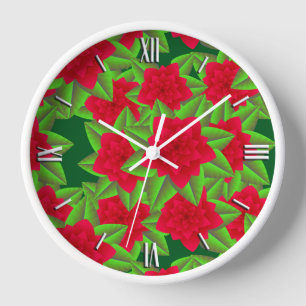 Horloge Camélias rouge foncé et feuilles vertes