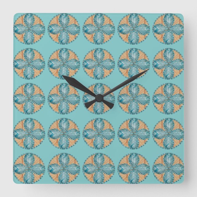 Horloge carré avec design de fleurs turquoise (Recto)