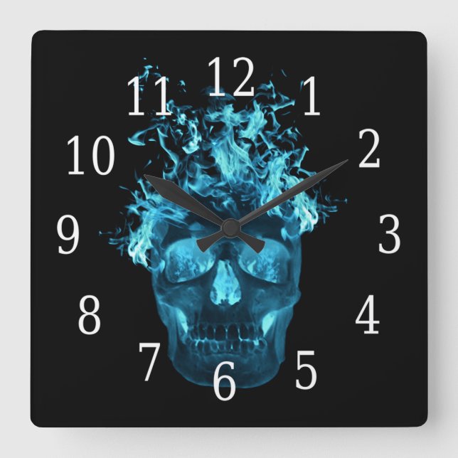 Horloge Carré du crâne bleu flamme (Recto)