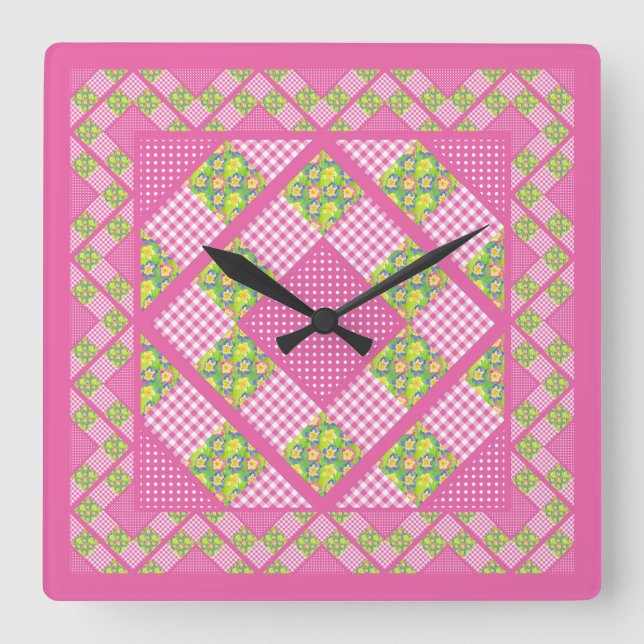 Horloge carré : Rose : Primroses, Pois, En vichy (Recto)