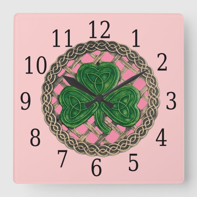 Horloge Carré Shamrock Rose Et Noeuds Celtiques (Recto)