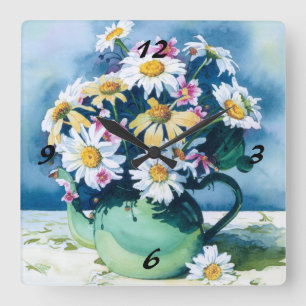 Horloge Carrée 0006 Daisies à Green Teapot Clock